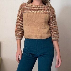 Vintage Beige Hand Knit Sweater with Crocheted Neckline